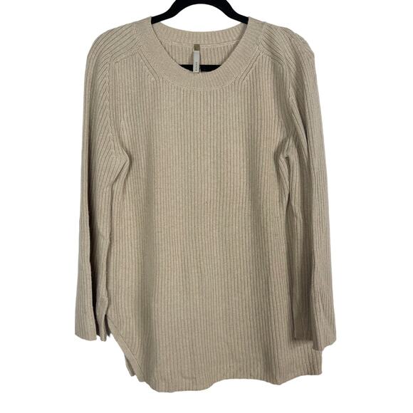 Soyer Small S Brown Cashmere Ribbed Sweater Crew Neck Asymmetrical Side Split - Picture 1 of 9